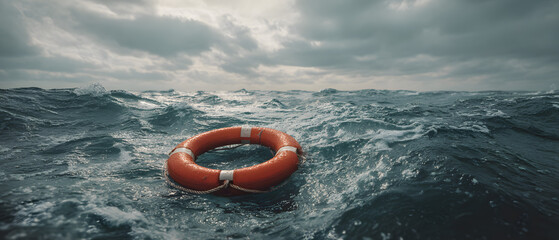 Vibrant life ring floating in choppy ocean waves under cloudy sky symbolizing maritime safety and emergency rescue in turbulent water conditions