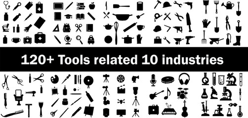 Toolkit silhouette icon set. Featuring office, healthcare, construction, art, kitchen, and more. 120+ industry equipment vector icons in solid black on white background