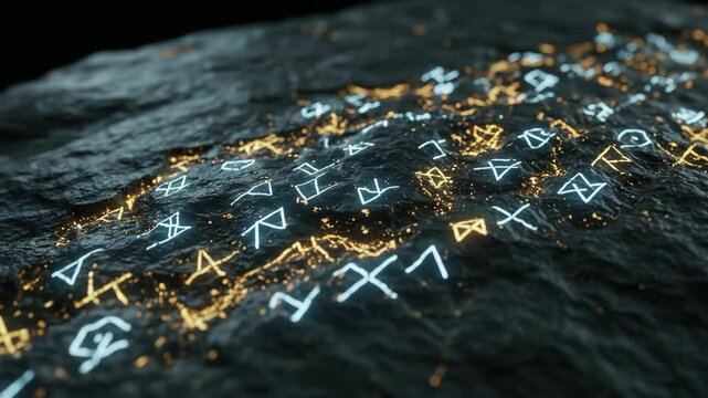 Glowing abstract runes emerging on rough stone surface, mystical and ancient vibe