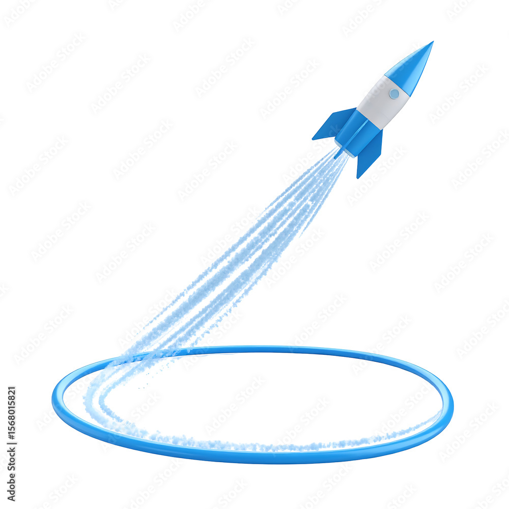 Poster Blue Rocket with Firefly 3D Effect Creating Swirl Path on Transparent Background