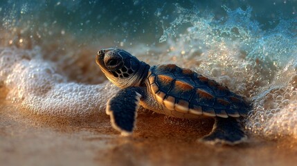 Obraz premium A close-up of a baby sea turtle making its way to the ocean, with soft sand surrounding it and gentle waves lapping at the shore, capturing a moment of nature's journey.