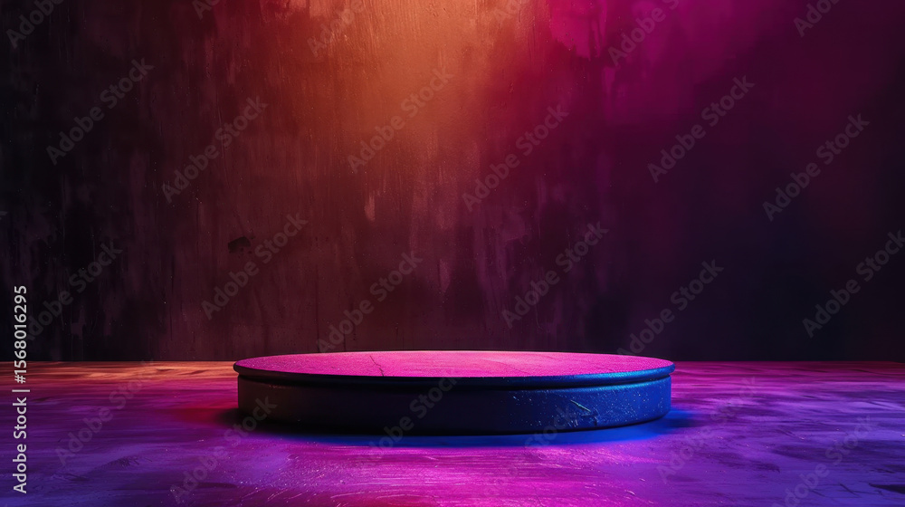 Poster circular podium with smooth surface is illuminated by vibrant purple and pink lights, creating drama