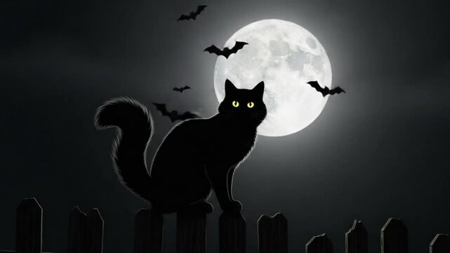 A spooky halloween scene featuring black cat silhouette moon and bats against the night sky 4K Ai HD video.

