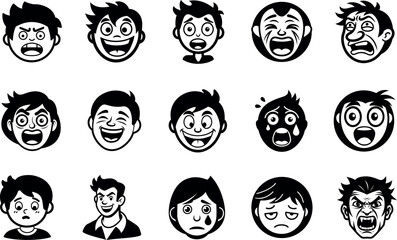 Collection of cartoon faces emotions expressions silhouette vector illustration