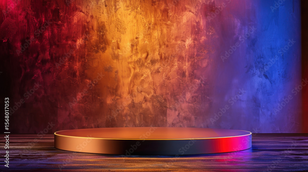 Poster round podium with transparent center is illuminated by soft ambient lighting, creating vibrant atmos