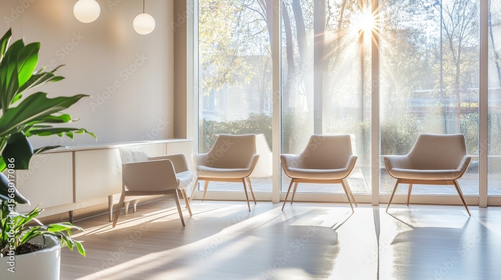 Poster modern waiting room with sunlight streaming through large window