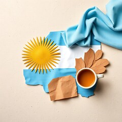 Digital collage of Argentine symbols with flag colors and sun