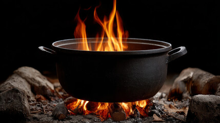 Black pot cooking fire overhead flame rustic outdoor empty dramatic survival
