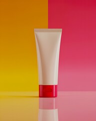 Isolated white tube with red cap on reflective surface against yellow and pink background split in half