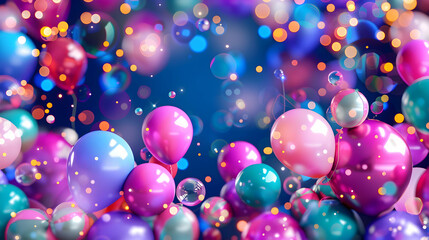 A vibrant image showcasing a cluster colorful balloons floating amidst sparkling lights bubbles a dark blue background.