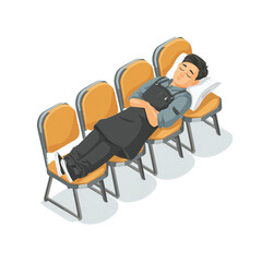 椅子をベッドにして仮眠をとる労働者