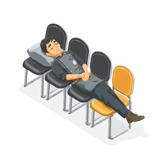 椅子をベッドにして仮眠をとる労働者