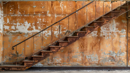 Rusty staircase with peeling paint against weathered wall in abandoned building, showcasing blend of decay and history. atmosphere evokes sense of nostalgia and exploration