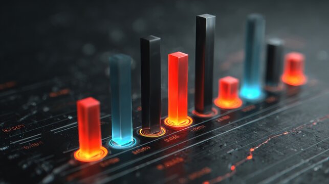 A close-up of a high-tech D bar chart, featuring glossy bars in different heights and glowing accents on a sleek, modern surface.