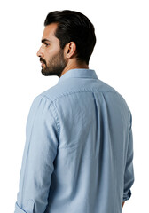 Fototapeta premium Side profile of a handsome bearded man in a light blue shirt. Rear view of a young adult male model isolated on a transparent background.