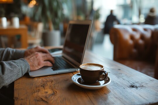 Cozy café remote working, Professional working remotely at a cozy café with laptop and coffee on rustic wooden table, freelance or business concept - Powered by Adobe