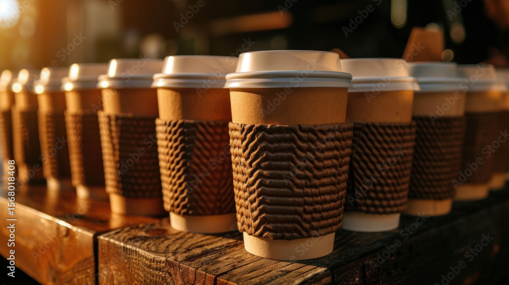 Poster Stack of to go coffee cups with sleeves arranged neatly on wooden table, illuminated by warm sunlight, creating cozy and inviting atmosphere