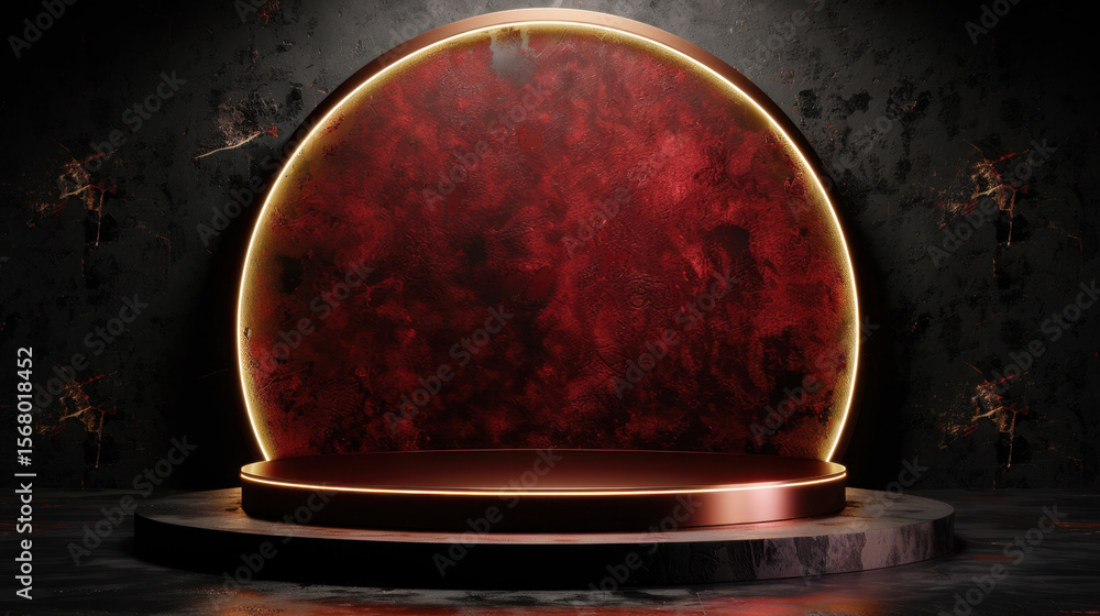 Poster modern stage design featuring circular red backdrop illuminated with warm lighting, set against text