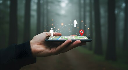 Man holding a smartphone with human icon connected to location pin and map. Tracking person via GPS or social network.