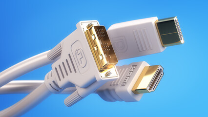 Various types of digital video cables plugs and display connectors. HDMI, Display port and DVI cables. 3d illustration