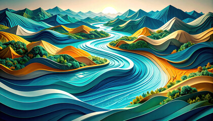 Vibrant Abstract Landscape with Flowing River and Colorful Mountains