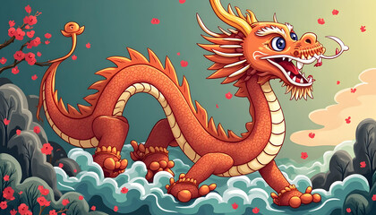 Obraz premium Cartoon Dragon Walking Amongst Clouds and Flowers