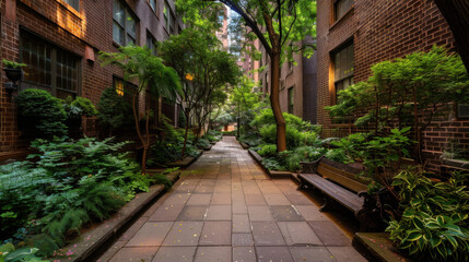 Fototapeta premium Serene urban garden featuring lush greenery and small trees nestled between brick buildings, creating peaceful retreat in city. pathway invites exploration and relaxation