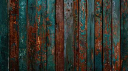 Obraz premium Vintage wooden planks with scratches and faded paint create rustic and weathered appearance, evoking sense of nostalgia and charm. rich colors blend beautifully, enhancing texture