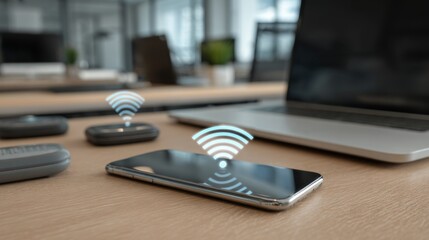 A close-up of a smartphone with visible wireless signals emanating from it, placed on a modern desk with a laptop and smart devices in the background.