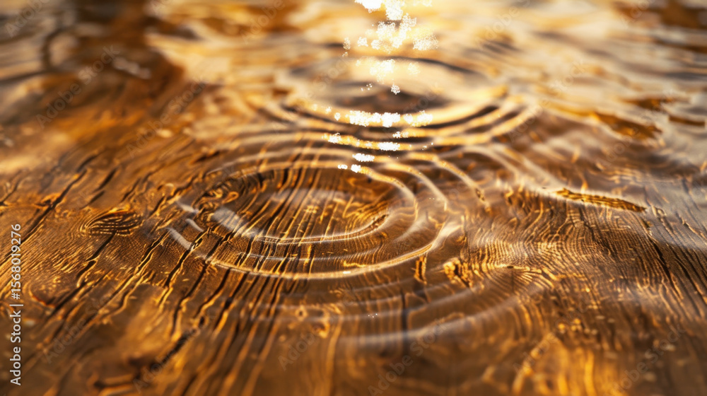 Poster image features close up view of water ripples on wooden surface, creating serene and reflective atmo