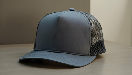 Gray Trucker Hat on Wooden Surface