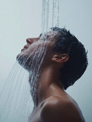 Side profile of a young man under a shower stream with a soft and clean aesthetic