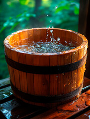 Water splashing into a traditional wooden bucket in a rustic setting with natural light