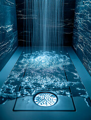 Modern rainfall shower with water splashing on sleek dark tiles in a luxury bathroom