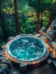 Circular outdoor jacuzzi with bubbling water surrounded by rocks and pine trees
