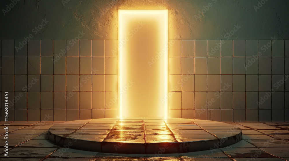 Poster glowing door stands prominently on circular podium, surrounded by tiled surface that reflects warm l