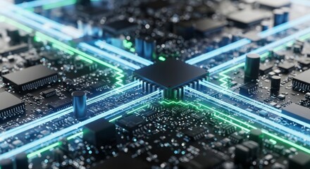 Fototapeta premium Abstract Technology Circuit Board with Vibrant Neon Lights