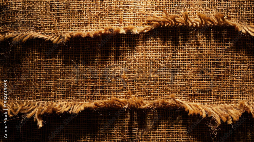 Poster worn burlap fabric texture with frayed edges and natural fibers, showcasing rustic and earthy appear