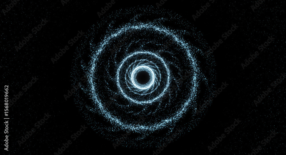 Poster a mesmerizing cosmic vortex of shimmering blue particles spirals into a dark, mysterious void.