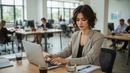 Corporate Elegance: A young professional woman in a stylish blazer works diligently on her laptop in a bustling open-plan office, exuding corporate sophistication.