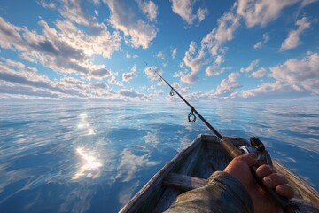 First person view of a person fishing by holding fishing rod in the sea.