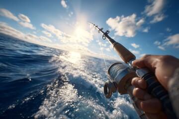 First person view of a person fishing by holding fishing rod in the sea.