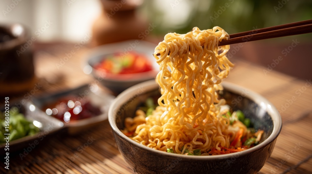 Poster A close-up of instant noodles being lifted from a bowl with chopsticks, with a background of a neatly set table and additional garnishes and sauces.
