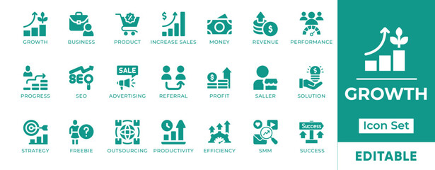 Growth icon set with business progress, financial increase, analytics, strategy, and performance improvement for corporate and marketing projects.