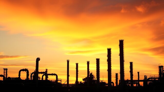 Industrial refinery silhouette against a vibrant sunset sky, highlighting abstract pipes and structures.