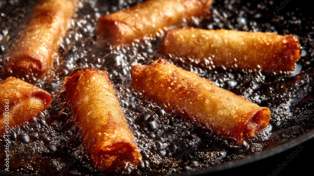 Poster a close-up of spring rolls being fried in hot oil, capturing the bubbling action and golden color of