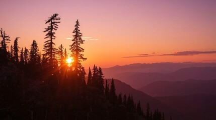 Obraz premium Sunset Silhouettes: A tranquil mountain landscape at sunset, with silhouetted pine trees against a vibrant gradient sky of pinks, oranges, and purples.