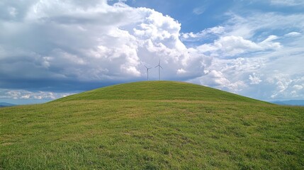 Verdant hilltop with wind turbines under a partly cloudy sky.