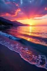 Serene Sunset Lagoon in Europa Tranquil Waters Reflecting Vibrant Sky, Gentle Waves Lap the Shore, Creating a Peaceful Atmosphere Ideal for Travel and Relaxation