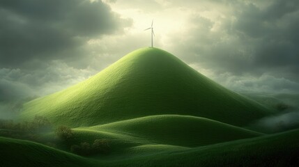 A verdant hilltop with a flagpole under a dramatic sky.